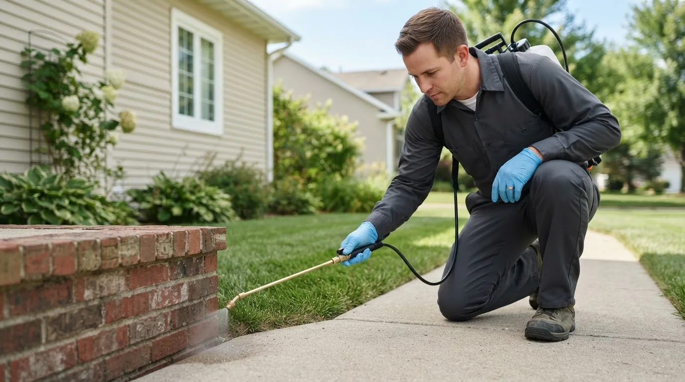 Pest control technician treating a home near Zumbrota, MN